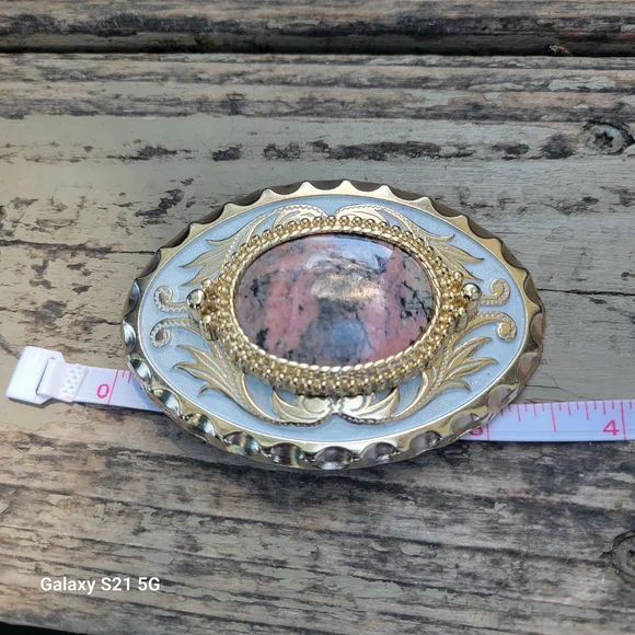 Western Themed Belt Buckle With Oval Rhodonite Stone In The Center - Picture 6 of 8